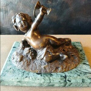 Victorian Bronze Drunken Putto Statue on Green Marble Base
